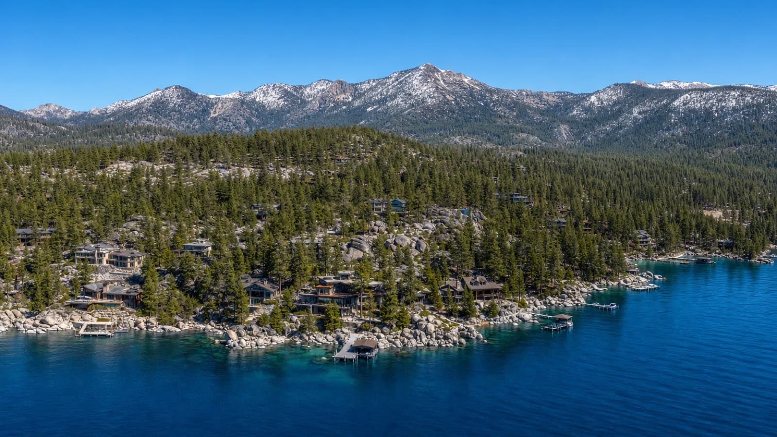 Lakeshore neighborhood in Incline Village — direct Lake Tahoe frontage with private piers and sandy shorezone along Lakeshore Boulevard
