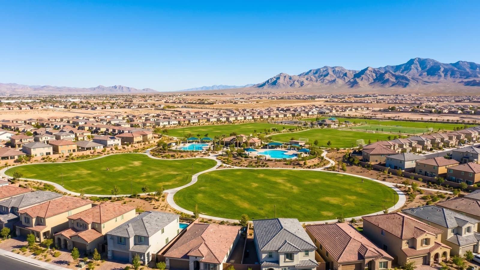 North Las Vegas master-planned neighborhood with new construction homes and desert mountains beyond