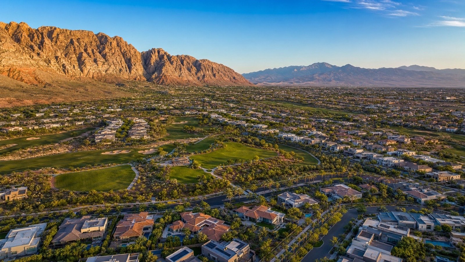 Reverence Summerlin guard-gated luxury community entrance with Red Rock Canyon mountain backdrop